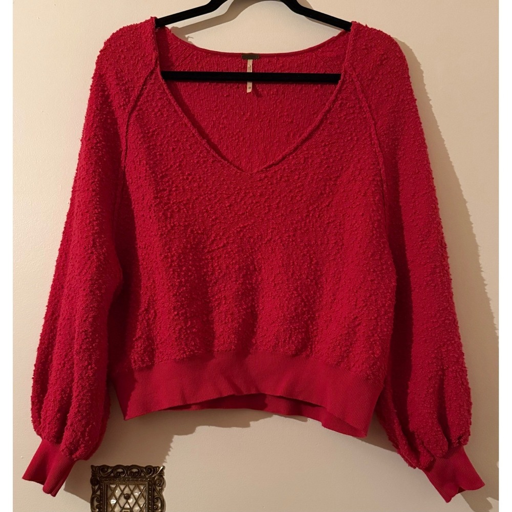 Free People Red‎ Textured Balloon Sleeve V Neck Sweater Oversized Top XS